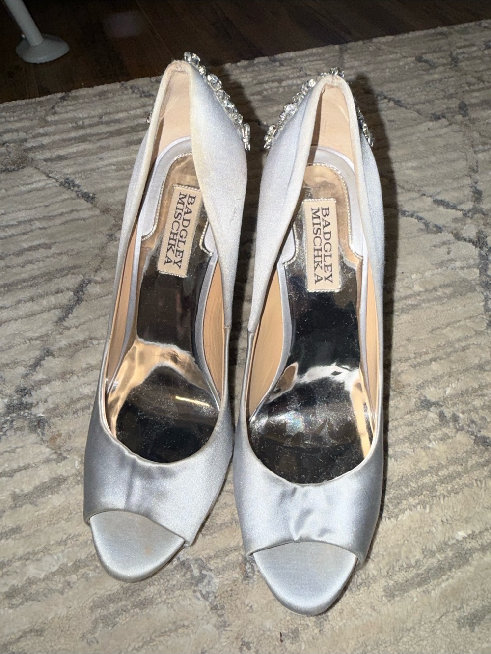 Badgley Mischka Silver Satin Peep-Toe Pumps with Crystal Embellishment